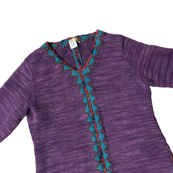 Purple Sweater Cable Knit Wool Large Womens Aztec The Territory Ahead V-Neck - Picture 1 of 8